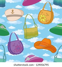 Seamless background, blue sky with white clouds and summer beach accessories: handbags and hats. Vector