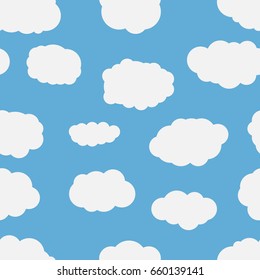 Seamless background with blue sky and white cartoon clouds. Vector illustration.