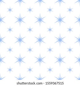 Seamless background of blue snowflakes with six rays of different sizes.