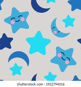 Nahtloser Hintergrund mit blauen Sternen und Monden für den Druck auf Kindergewebe, Textilien, Papier, Bettdekor. Vektorgrafiken.