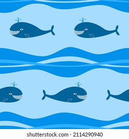 Seamless background in blue tones with cheerful whales. Vector design.