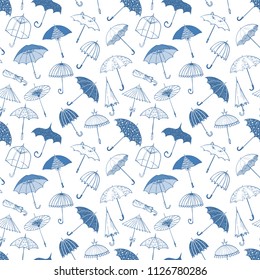 Seamless background with blue umbrellas. Can be used for wallpaper, pattern fills, textile, web page background, surface textures.