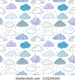Seamless background with blue and violet doodle clouds. Can be used for wallpaper, pattern fills, textile, web page background, surface textures