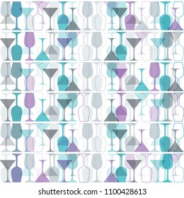 Seamless background with blue, violet and grey wine glasses. Pastel colors pattern for web, poster, textile, print and other design. Vector