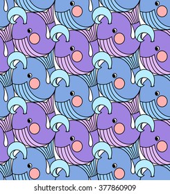 Seamless background with blue and violet whales. Blue and purple whales looking in the same direction. Whales for kids. The whale day. The world day of protection of marine mammals