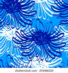 Seamless background with blue and white flowers, vector illustration. 