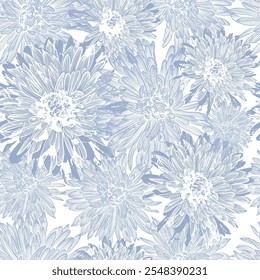 Seamless background blue and white graphic flowers. hand drawing. Not AI, Vector illustration.