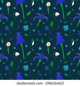 Seamless background with blue and white spring flowers. For textiles, wallpapers, paper and scrapbooking. Vector illustration.