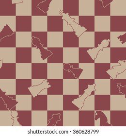 Seamless background of boards and chess pieces, vector illustration.