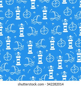 Seamless background with boats and lighthouses