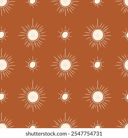 Seamless background with boho sun. Gender neutral baby pattern. Simple whimsical minimal earthy 2 tone color. Kids nursery wallpaper or boho cartoon animal fashion all over print