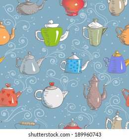 Seamless background with boiling teapots. 