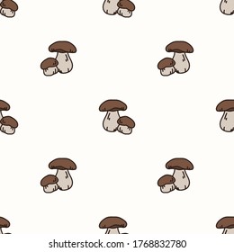 Seamless background bolete mushroom gender neutral baby pattern. Simple whimsical minimal earthy 2 tone color. Kids nursery wallpaper or boho cartoon animal fashion all over print.