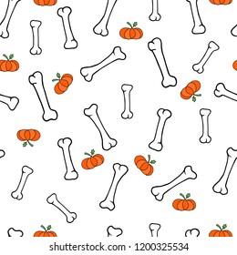 Seamless background Bones and pumpkins hand drawn Halloween