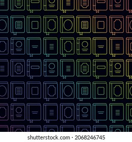 Fondo sin inconvenientes de los libros dibujados en estilo infantil plano, imágenes con contorno de color sobre fondo negro, ilustración vectorial aislada