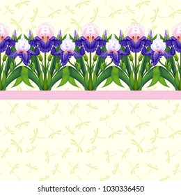 Seamless background with border of iris flowers. Dragonflies on backdrop.