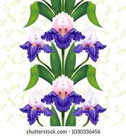 Seamless background. Border of Iris flowers on pattern with dragonflies. 