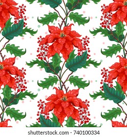 Seamless background with borders of Christmas star and holly berry  on winter snow pattern