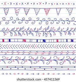 Seamless background with borders in doodle style (included flowers, ivy, flags and geometric elements). Can be used for doodle or hand drawn design
