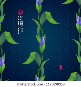 Seamless background with borders of iris buds and Sashiko Japanese embroidery