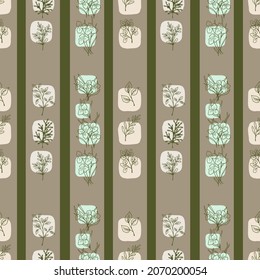 Nahtloser Hintergrund von Pflanzen aus biologischem Anbau, grafische Umrisse von Blumen und handgezeichnete Ornamente zum Bedrucken von Textilien oder Papier