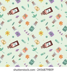 Seamless background of bottles and capsules with medicinal herbs, aromatic oils, herbal tinctures. Herbal medicine. Alternative medicine. Vector illustration for advertising, flyers and social network