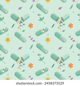 Seamless background of bottles and capsules with medicinal herbs, aromatic oils, herbal tinctures. Herbal medicine. Alternative medicine. Vector illustration for advertising, flyers and social network