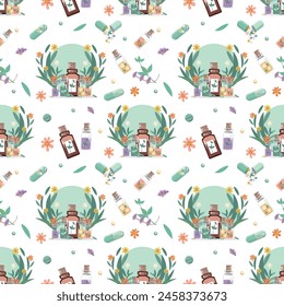 Seamless background of bottles and capsules with medicinal herbs, aromatic oils, herbal tinctures. Herbal medicine. Alternative medicine. Vector illustration for advertising, flyers and social network