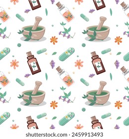 Seamless background of bottles and capsules with medicinal herbs, aromatic oils, herbal tinctures. Herbal medicine. Alternative medicine. Vector illustration for advertising, flyers and social network