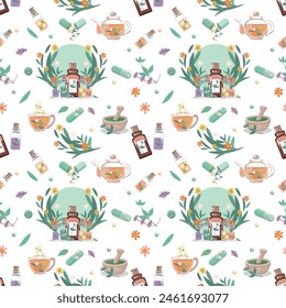 Fondo inconsútil de botellas y cápsulas con hierbas medicinales, aceites aromáticos, tinturas herbales. Hierbas medicinales. Medicina alternativa. Ilustración vectorial para publicidad, flyers y redes sociales