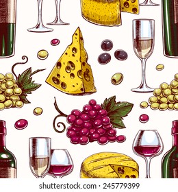 seamless background with bottles and glasses of wine, grapes and cheese - 2