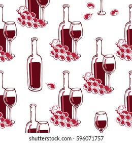 Seamless background with bottles, glasses of wine and grapes, vector illustration