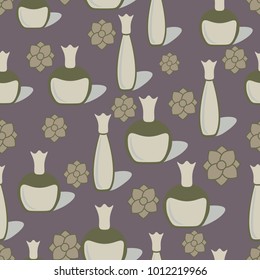 Seamless background with bottles of perfume and flowers.