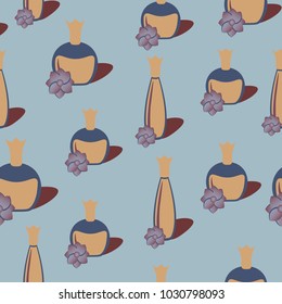 Seamless background with bottles of perfume and flowers.