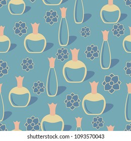 Seamless background with bottles of perfume and flowers.