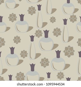 Seamless background with bottles of perfume and flowers.