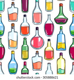 Seamless background with bottles of various colored alcohol. hand-drawn illustration