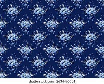 Seamless background with bouquets of blue flowers. Decorative rhombus pattern for digital paper, fabric, etc.