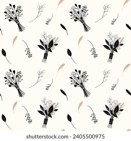 Seamless background with bouquets and leaves. Monochrome floral pattern. Hand drawn botanical wallpaper