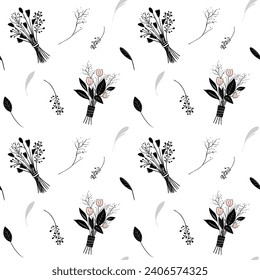 Seamless background with bouquets and leaves. Monochrome floral pattern. Hand drawn botanical wallpaper