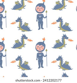 fondo sin costura con caballero y dragón. Ilustración vectorial aislada. 