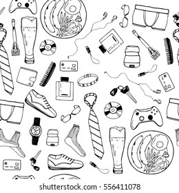 Seamless background with boy's items on white