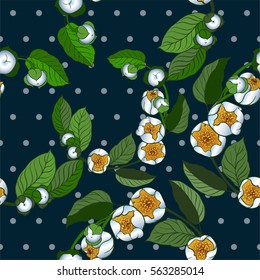 Seamless background. The branch of blossoming jasmine. Decorative composition in a circle. Vector. Use printed materials, signs, items, websites, maps, posters, postcards, packaging.
