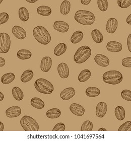 Seamless background with branch of coffee and beans. Hand drawn illustration in sketch style.