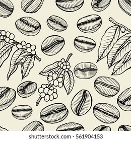 Seamless background with branch of coffee and beans. Hand drawn illustration in sketch style.