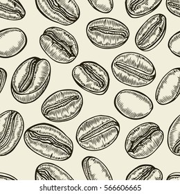 Seamless background with branch of coffee and beans. Hand drawn illustration in sketch style.