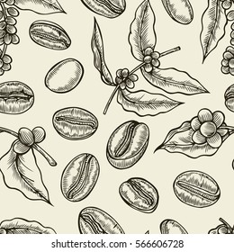 Seamless background with branch of coffee and beans. Hand drawn illustration in sketch style.