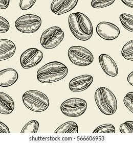 Seamless background with branch of coffee and beans. Hand drawn illustration in sketch style.