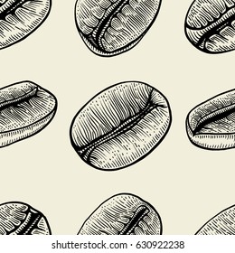 Seamless background with branch of coffee and beans. Hand drawn illustration in sketch style.
