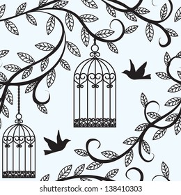 Seamless background with branch of tree silhouette, birds flying and cage